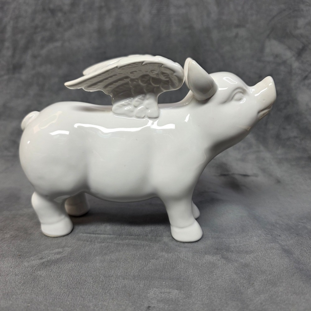 White Ceramic Flying Pig Figurine Winged Swine Glossy Tabletop Decor 8 Inch